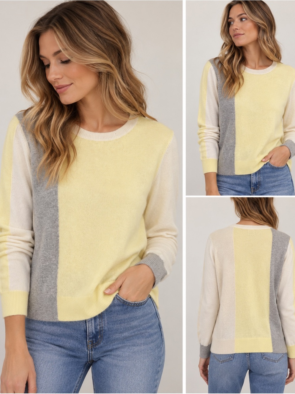 Stitch & Needle 100% Cashmere Colorblock Sweater Yellow Gray Ivory